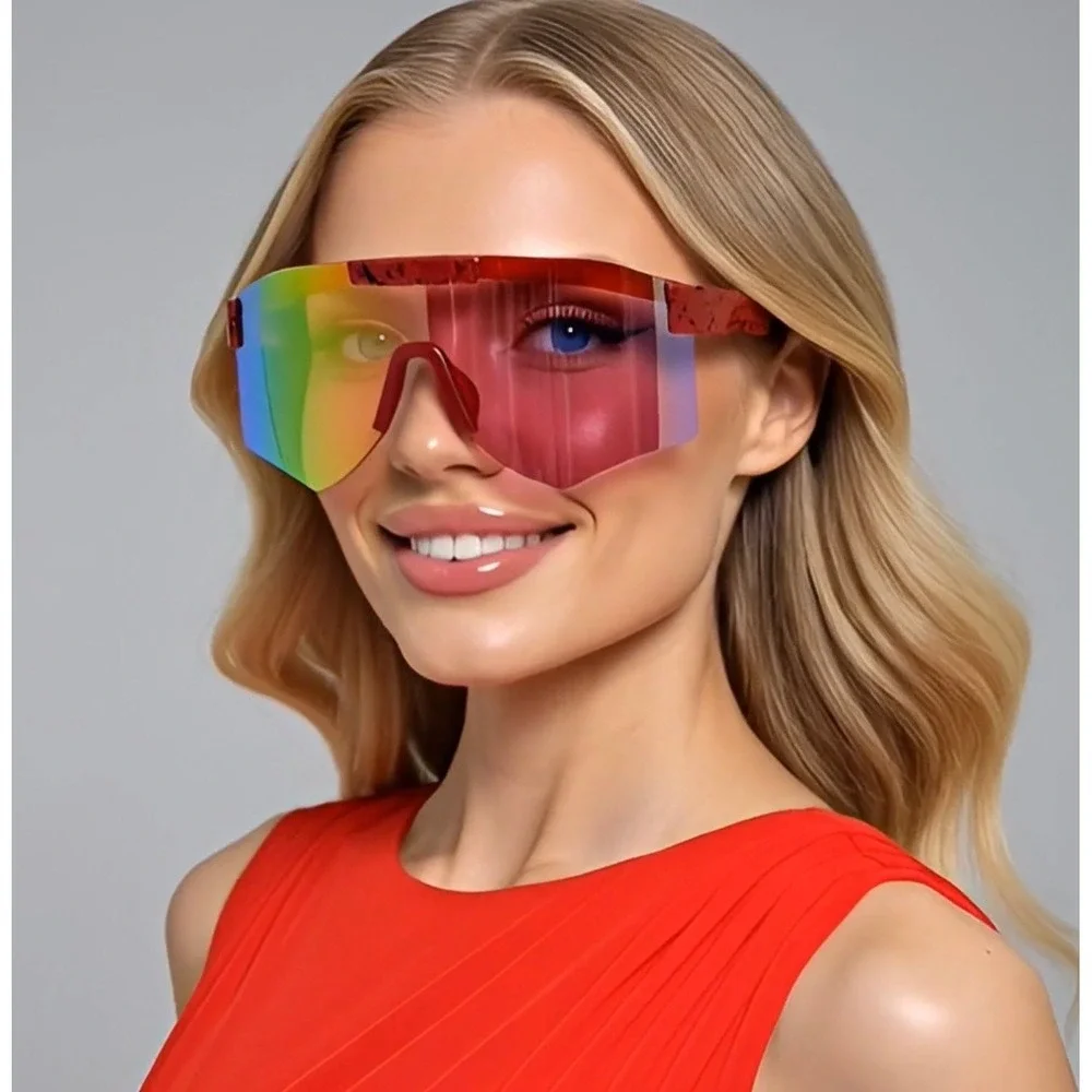Shield Sunglasses Mirrored Lens Visor Sporty Futuristic Sunnies Red Frame Lentes